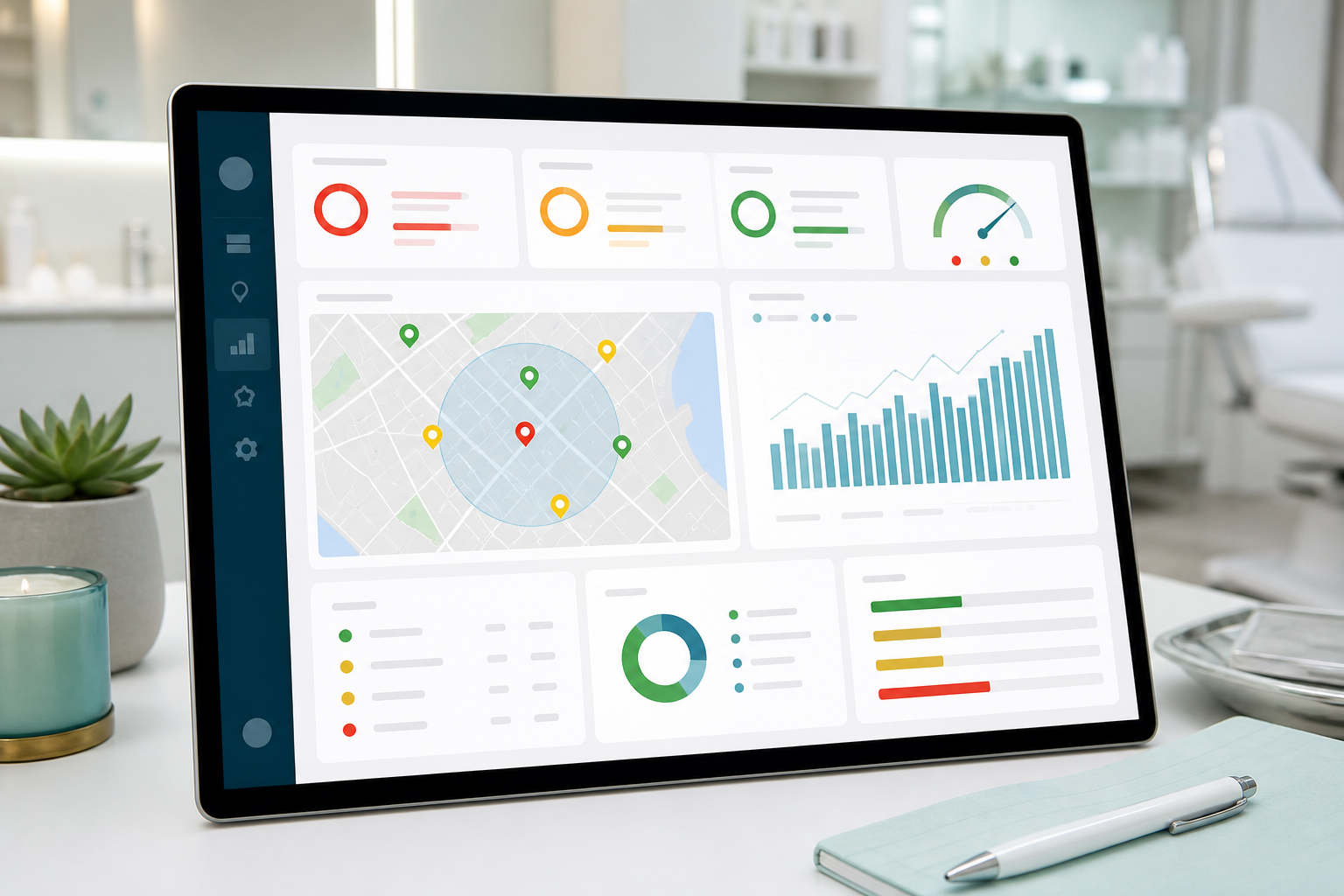 AI visibility scorecard and local search analytics dashboard for a med spa